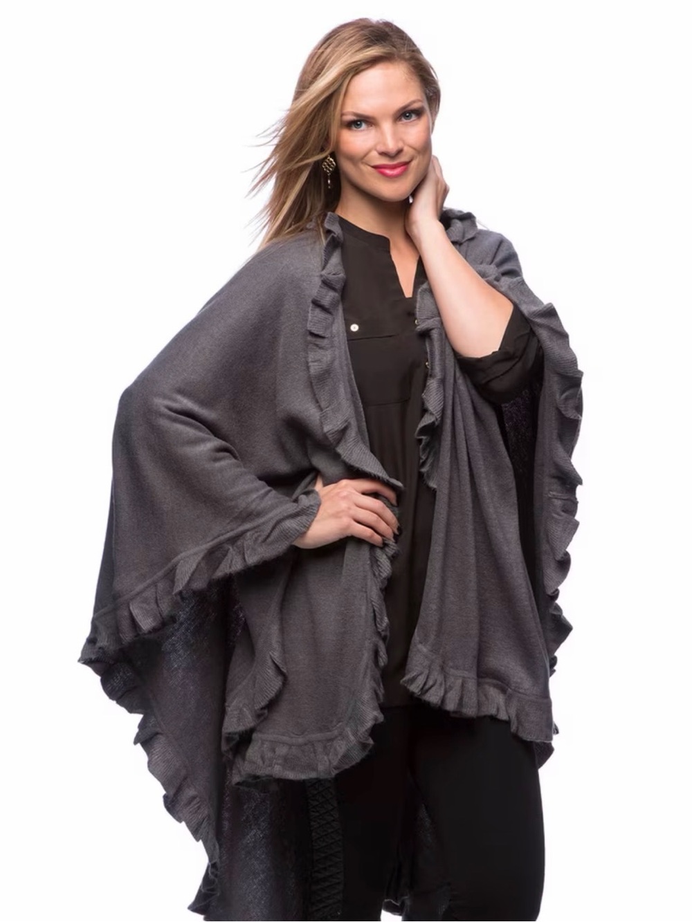 Temptation Italy Ruffle Trim Knit Poncho-like Shawl Wrap gray knit garment